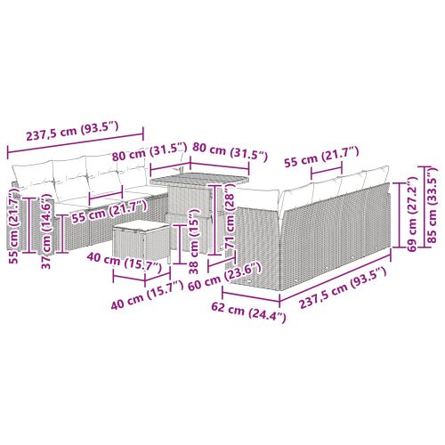 Градински Софа Комплект 11 pcs Черно полиратан