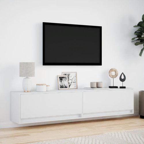 Стенен ТВ шкаф с LED, бял, 180x31x38 см