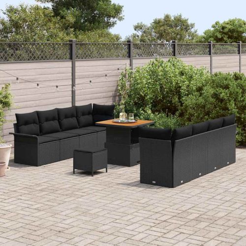 Градински Софа Комплект с възглавница 11 pcs Черно полиратан
