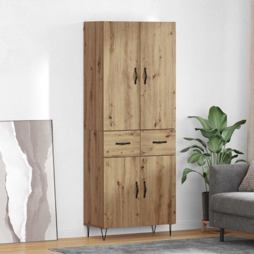 Висок шкаф с чекмедже 2 pcs Дъб Инженерна дървесина и стъкло