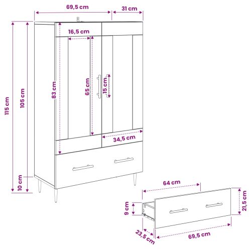 Висок шкаф с чекмедже Черния дъб 69,5 x 31 x 115 см