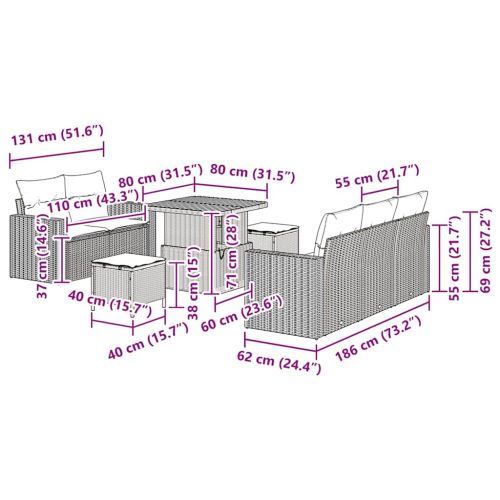 Градински Софа Комплект с възглавница 8 pcs Сив полиратан