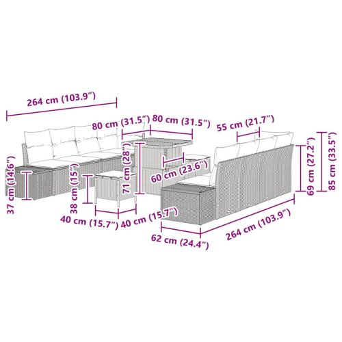 Градински Софа Комплект с възглавница 11 pcs Черно полиратан