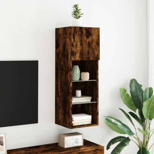 ТВ шкаф с LED осветление, опушен дъб, 30,5x30x90 см