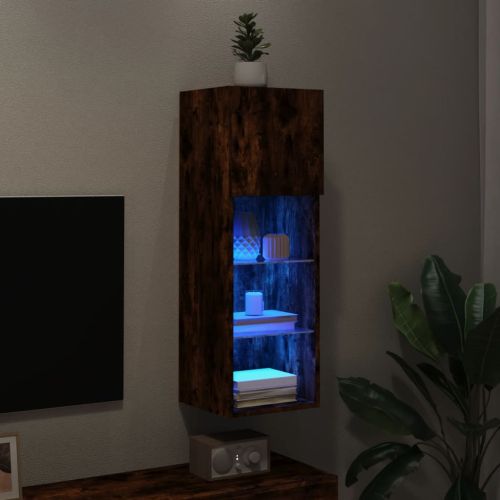 ТВ шкаф с LED осветление, опушен дъб, 30,5x30x90 см