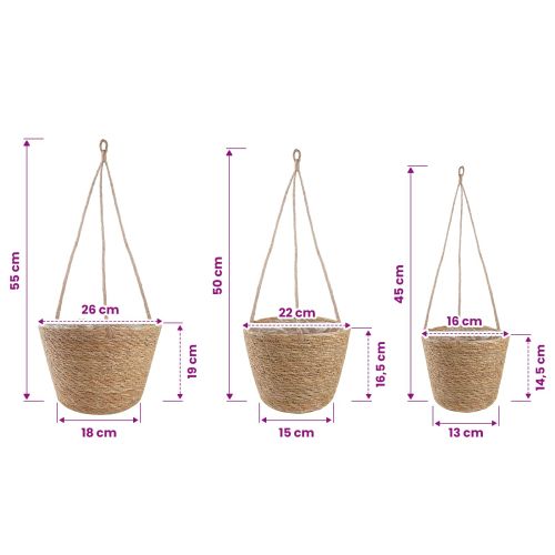 Кошници за растения от морска трева 3 pcs Натурално Ø26 x 19 см