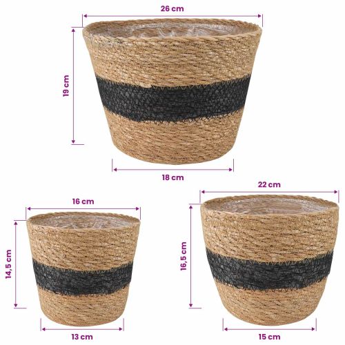 Кошници за растения от морска трева 3 pcs Естествено и черно