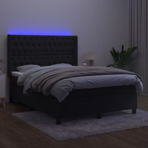 Боксспринг легло с матрак и LED, черно, 140x200 см, кадифе