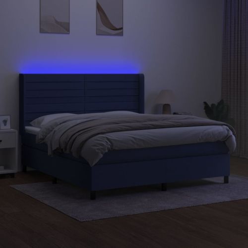 Боксспринг легло с матрак и LED, синьо, 180x200 см, плат