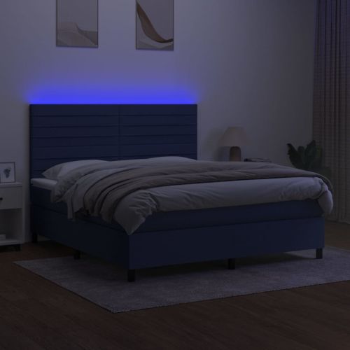 Боксспринг легло с матрак и LED, синьо, 180x200 см, плат