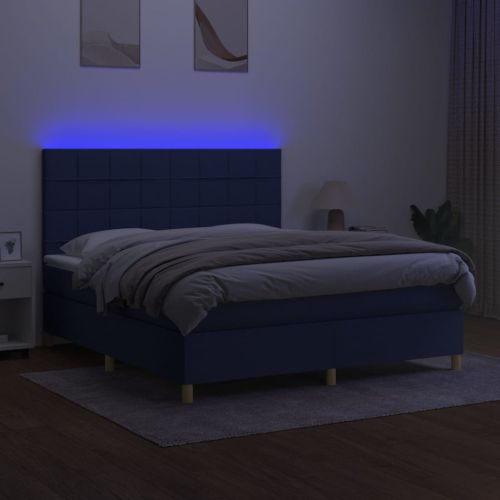 Боксспринг легло с матрак и LED, синьо, 180x200 см, плат
