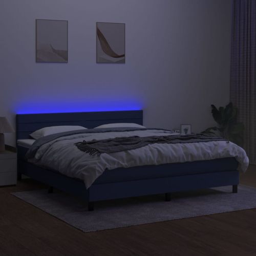 Боксспринг легло с матрак и LED, синьо, 160x200 см, плат