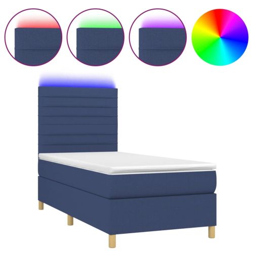 Боксспринг легло с матрак и LED, синьо, 80x200 см, плат