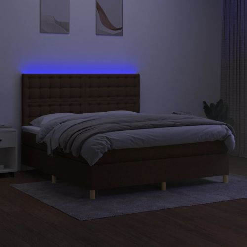 Боксспринг легло с матрак и LED, тъмнокафяво, 160x200 см, плат
