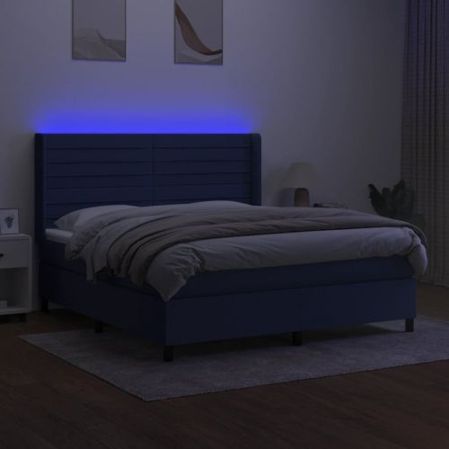 Боксспринг легло с матрак и LED, синьо, 160x200 см, плат