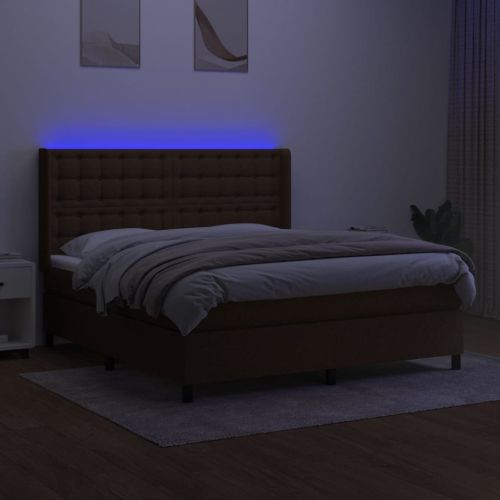 Боксспринг легло с матрак и LED, тъмнокафяво, 160x200 см, плат