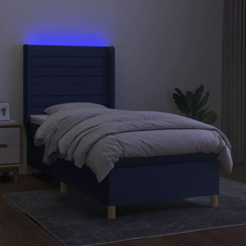 Боксспринг легло с матрак и LED, синьо, 80x200 см, плат