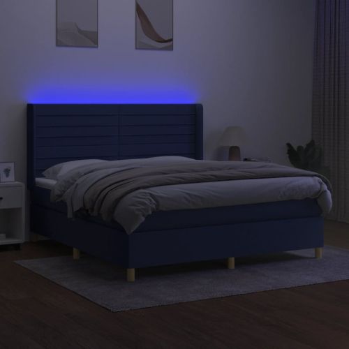 Боксспринг легло с матрак и LED, синьо, 160x200 см, плат