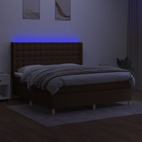 Боксспринг легло с матрак и LED, тъмнокафяво, 160x200 см, плат