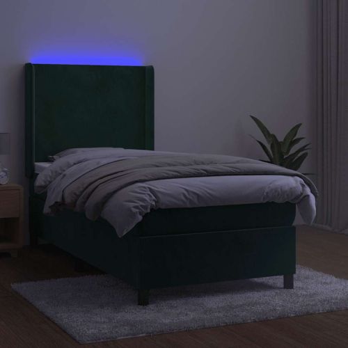 Боксспринг легло с матрак и LED, тъмнозелено, 100x200см, кадифе