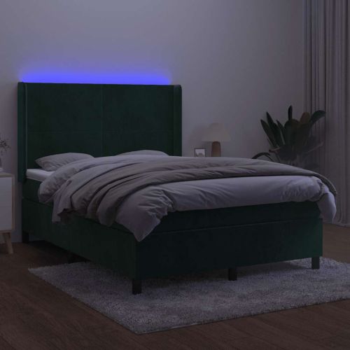 Боксспринг легло с матрак и LED, тъмнозелено, 140x190см, кадифе
