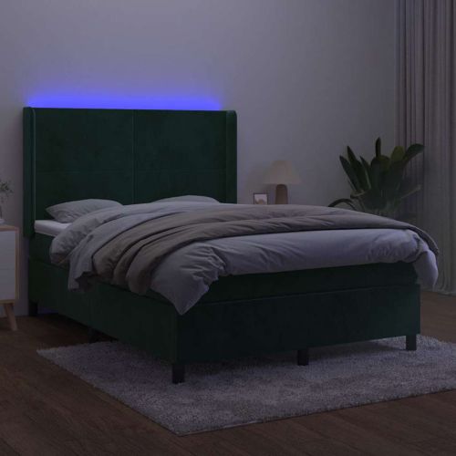 Боксспринг легло с матрак и LED, тъмнозелено, 140x200см, кадифе