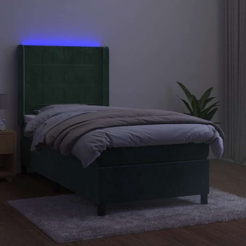Боксспринг легло с матрак и LED, тъмнозелено, 90x190 см, кадифе