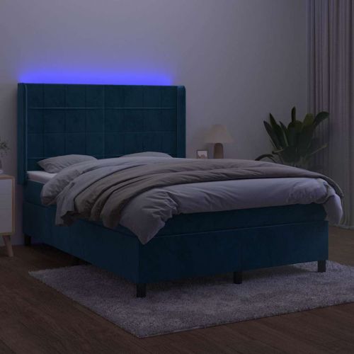 Боксспринг легло с матрак и LED, тъмносиньо, 140x200 см, кадифе