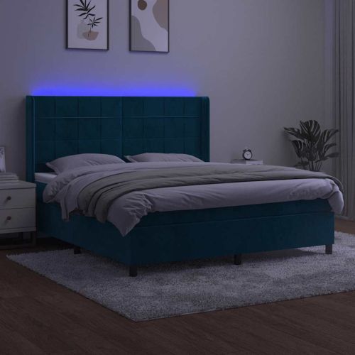 Боксспринг легло с матрак и LED, тъмносиньо, 180x200 см, кадифе