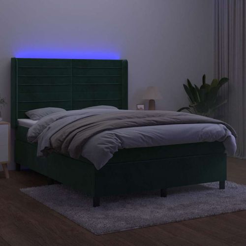 Боксспринг легло с матрак и LED, тъмнозелено, 140x200см, кадифе