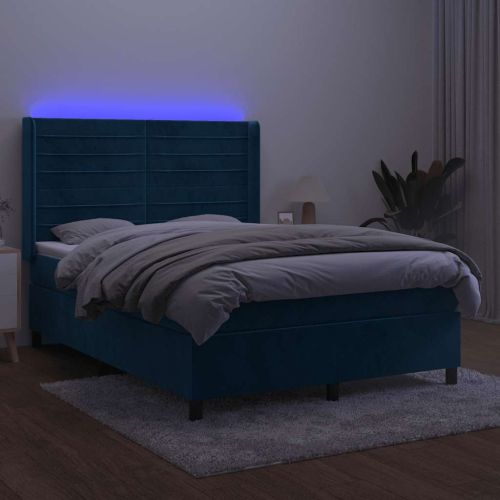 Боксспринг легло с матрак и LED, тъмносиньо, 140x200 см, кадифе