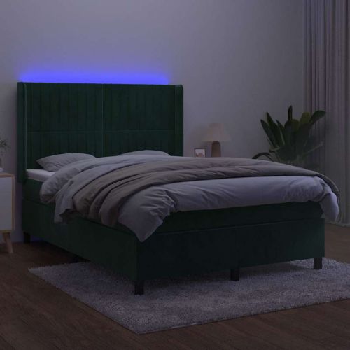 Боксспринг легло с матрак и LED, тъмнозелено, 140x200см, кадифе