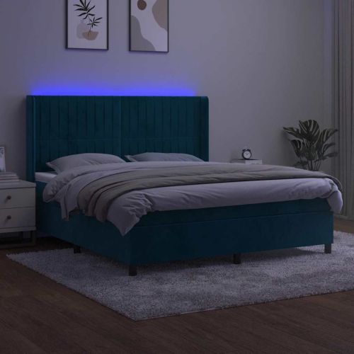 Боксспринг легло с матрак и LED, тъмносиньо, 160x200 см, кадифе