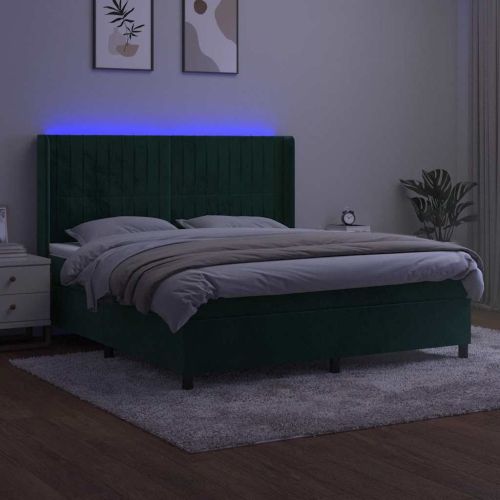 Боксспринг легло с матрак и LED, тъмнозелено, 180x200см, кадифе