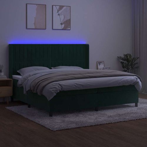 Боксспринг легло с матрак и LED, тъмнозелено, 200x200см, кадифе