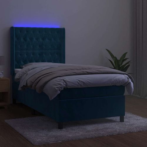 Боксспринг легло с матрак и LED, тъмносиньо, 100x200 см, кадифе