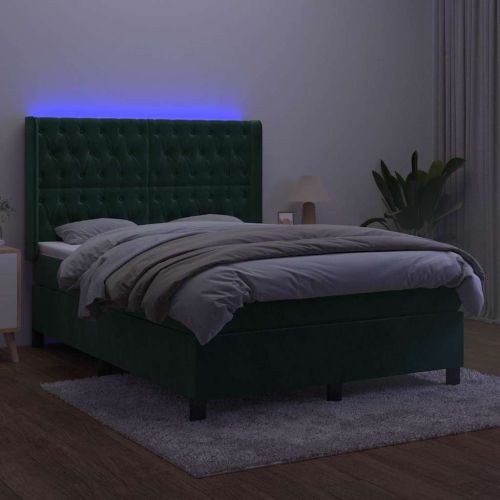 Боксспринг легло с матрак и LED, тъмнозелено, 140x190см, кадифе