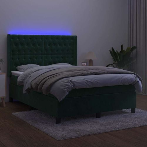 Боксспринг легло с матрак и LED, тъмнозелено, 140x200см, кадифе