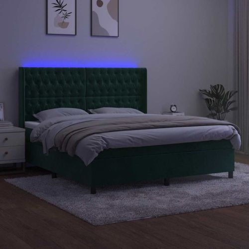 Боксспринг легло с матрак и LED, тъмнозелено, 180x200см, кадифе