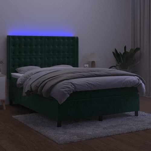 Боксспринг легло с матрак и LED, тъмнозелено, 140x190см, кадифе