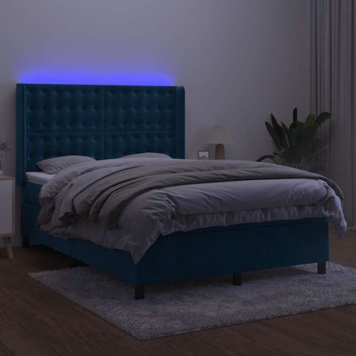 Боксспринг легло с матрак и LED, тъмносиньо, 140x190 см, кадифе