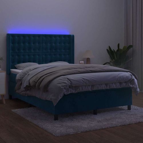 Боксспринг легло с матрак и LED, тъмносиньо, 140x200 см, кадифе