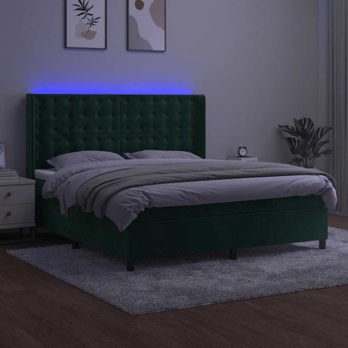 Боксспринг легло с матрак и LED, тъмнозелено, 180x200см, кадифе