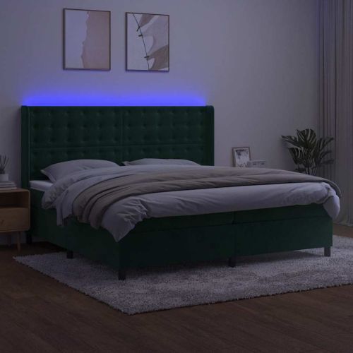 Боксспринг легло с матрак и LED, тъмнозелено, 200x200см, кадифе