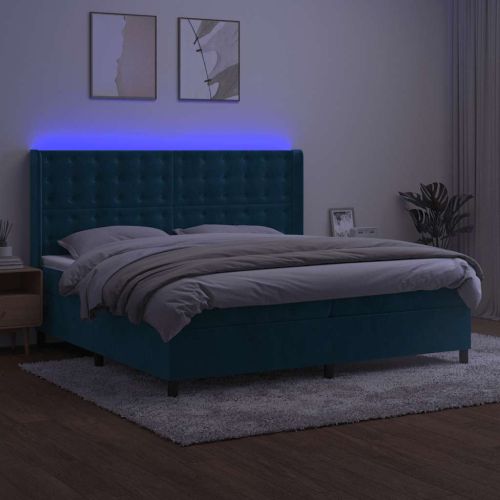 Боксспринг легло с матрак и LED, тъмносиньо, 200x200 см, кадифе