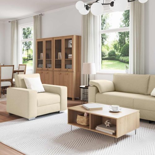Диван 3 pcs Крем 219 x 80 x 82 см Ленена смесена тъкан