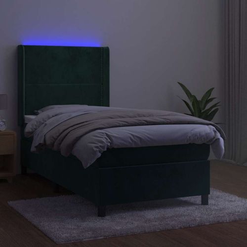 Боксспринг легло с матрак и LED, тъмнозелено, 90x200 см, кадифе