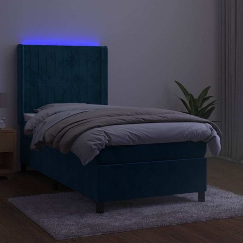 Боксспринг легло с матрак и LED, тъмносиньо, 100x200 см, кадифе