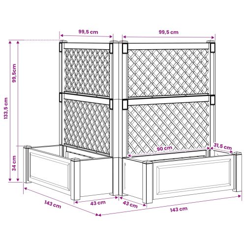 Голяма саксия с решетка 2 pcs Бяло 143 x 143 x 133,5 см ПП