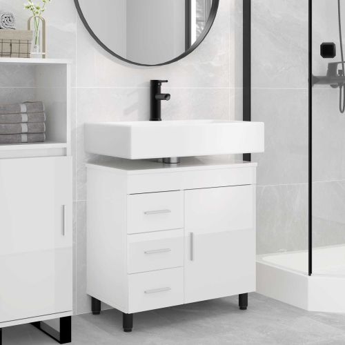 Шкаф със светло за баня Бял гланц 60 x 35 x 60 см